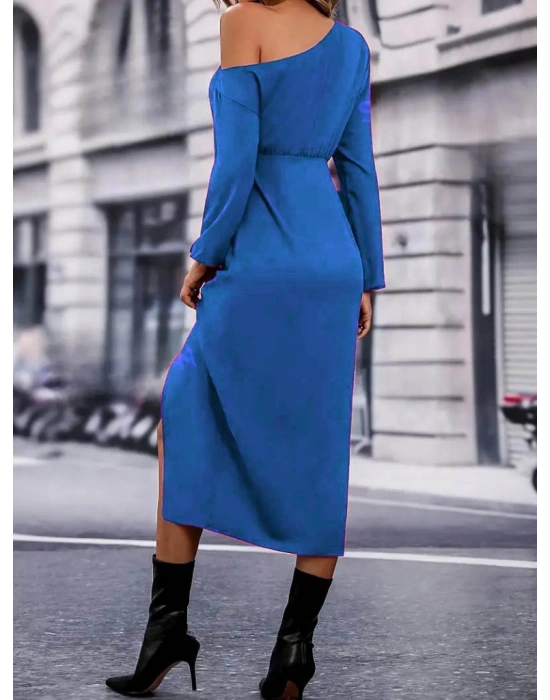 Kadın Uzun Kollu Tek Omuzu Açık Belden Kuşaklı önden çapraz Detaylı Krep Elbise