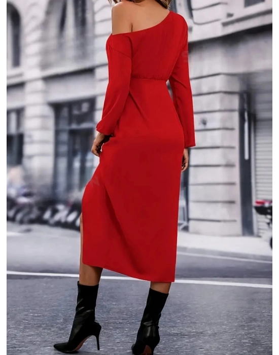 Kadın Uzun Kollu Tek Omuzu Açık Belden Kuşaklı önden çapraz Detaylı Krep Elbise