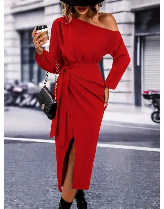 Kadın Uzun Kollu Tek Omuzu Açık Belden Kuşaklı önden çapraz Detaylı Krep Elbise