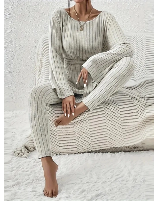 Kadın Uzun Kollu Tek Omuzu Açık Belden Kuşaklı şardonlu Kaşkorse Bluz Ve Tayt Pantolon