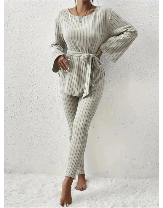 Kadın Uzun Kollu Tek Omuzu Açık Belden Kuşaklı şardonlu Kaşkorse Bluz Ve Tayt Pantolon