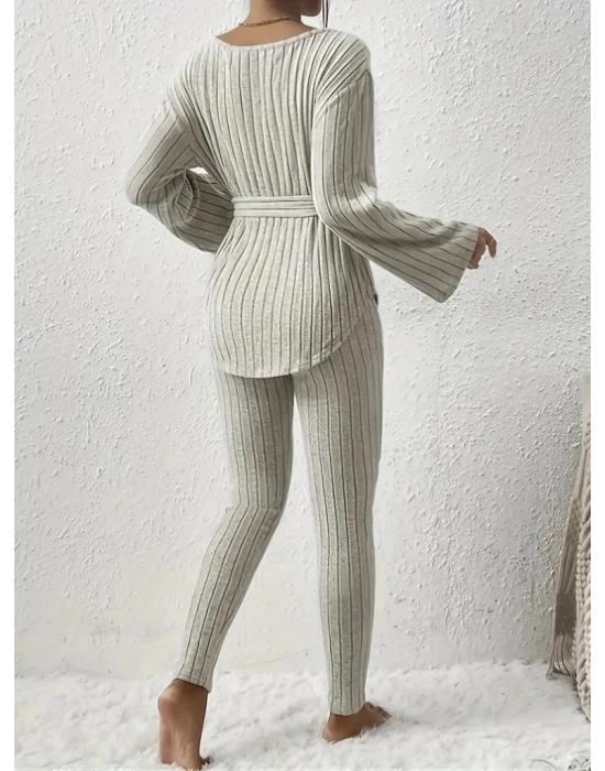 Kadın Uzun Kollu Tek Omuzu Açık Belden Kuşaklı şardonlu Kaşkorse Bluz Ve Tayt Pantolon