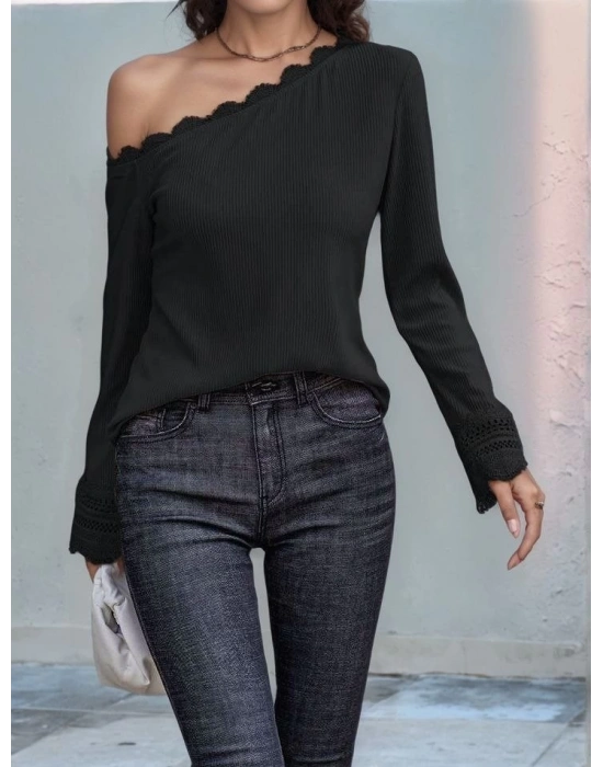 Kadın Uzun Kollu Tek Omuzu Açık Dantelli Burgu Bluz