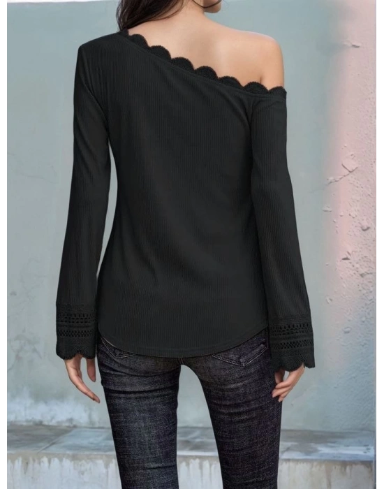Kadın Uzun Kollu Tek Omuzu Açık Dantelli Burgu Bluz