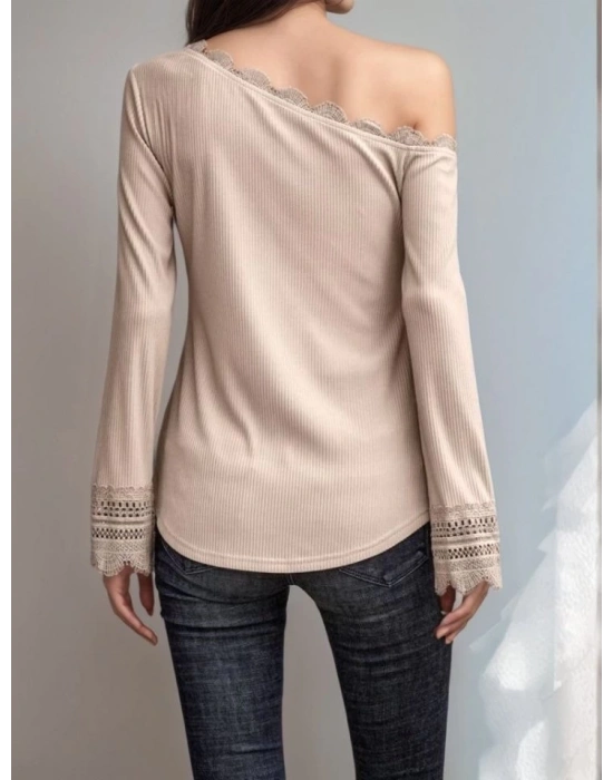 Kadın Uzun Kollu Tek Omuzu Açık Dantelli Burgu Bluz
