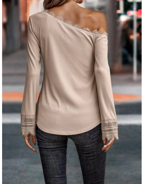 Kadın Uzun Kollu Tek Omuzu Açık Dantelli Burgu Bluz