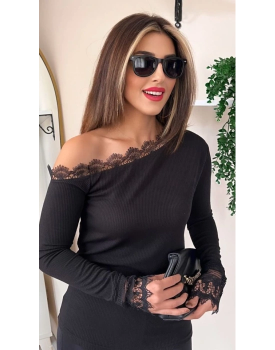 Kadın Uzun Kollu Tek Omuzu Açık Dantelli Burgu Bluz