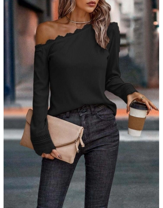 Kadın Uzun Kollu Tek Omuzu Açık Dantelli Burgu Bluz