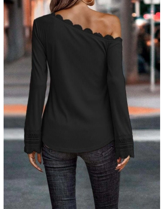 Kadın Uzun Kollu Tek Omuzu Açık Dantelli Burgu Bluz