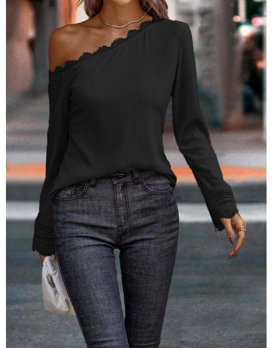Kadın Uzun Kollu Tek Omuzu Açık Dantelli Burgu Bluz