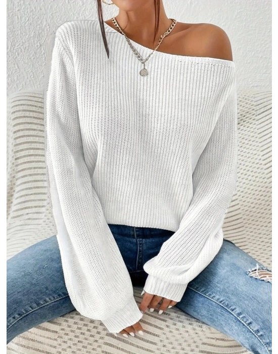 Kadın Uzun Kollu Tek Omuzu Açık Detaylı Triko Bluz