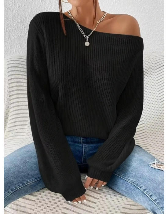 Kadın Uzun Kollu Tek Omuzu Açık Detaylı Triko Bluz