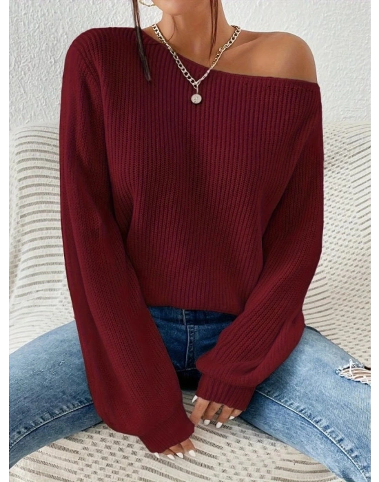 Kadın Uzun Kollu Tek Omuzu Açık Detaylı Triko Bluz