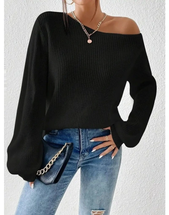 Kadın Uzun Kollu Tek Omuzu Açık Detaylı Triko Bluz