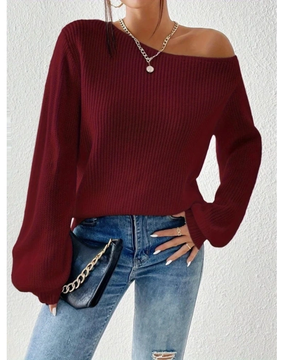 Kadın Uzun Kollu Tek Omuzu Açık Detaylı Triko Bluz