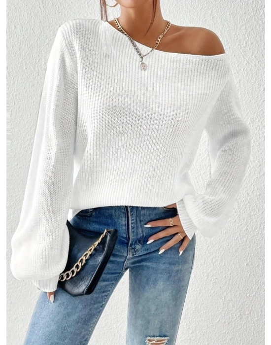 Kadın Uzun Kollu Tek Omuzu Açık Detaylı Triko Bluz