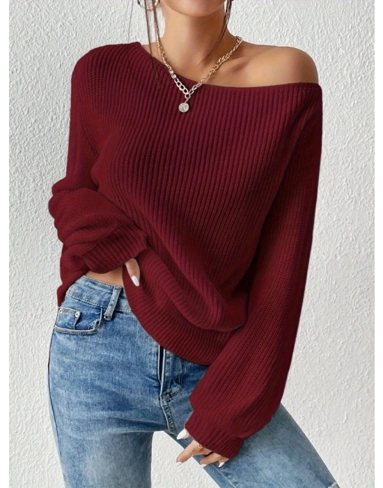 Kadın Uzun Kollu Tek Omuzu Açık Detaylı Triko Bluz