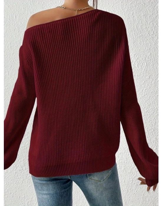 Kadın Uzun Kollu Tek Omuzu Açık Detaylı Triko Bluz