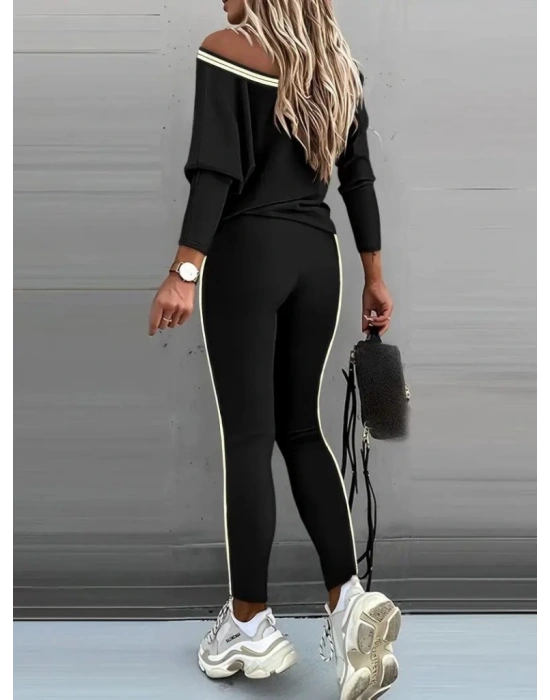 Kadın Uzun Kollu Tek Omuzu Açık Detaylı Viskon Iki Iplik Bluz Ve Pantolon Ikili Takım