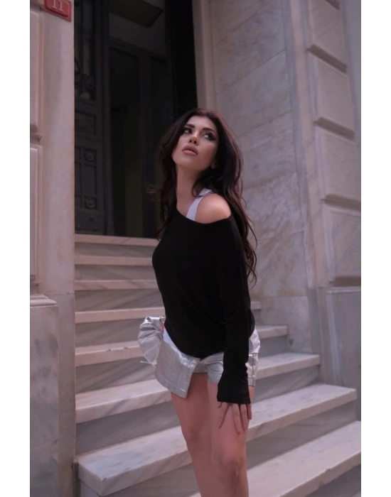 Kadın Uzun Kollu Tek Omuzu Açık Salaş çilek Iç Atlet Viskon Bluz