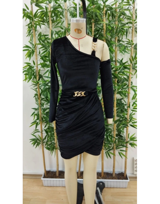 Kadın Uzun Kollu Tek Omuzu Açık Tokalı Takma Kol Detaylı Kısa Kadife Elbise