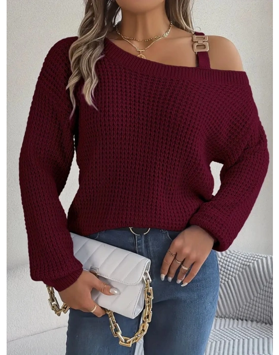 Kadın Uzun Kollu Tek Omuzu Açık Tokalı Triko Bluz