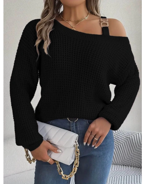 Kadın Uzun Kollu Tek Omuzu Açık Tokalı Triko Bluz