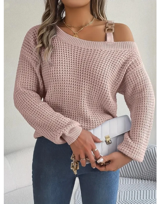 Kadın Uzun Kollu Tek Omuzu Açık Tokalı Triko Bluz