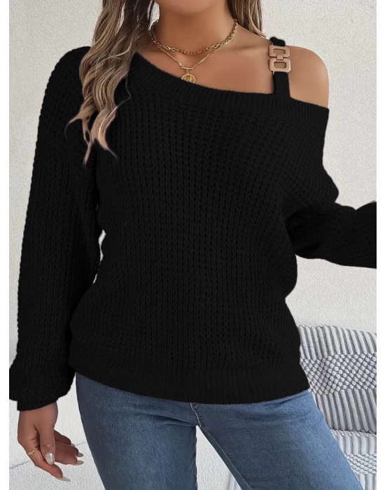 Kadın Uzun Kollu Tek Omuzu Açık Tokalı Triko Bluz