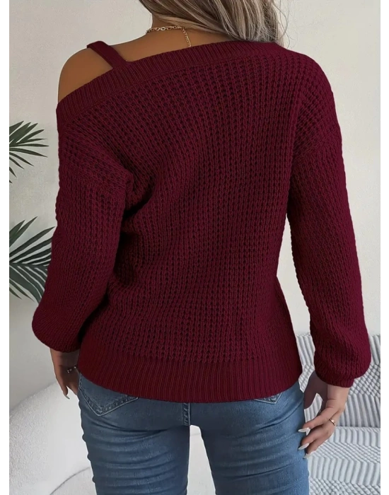 Kadın Uzun Kollu Tek Omuzu Açık Tokalı Triko Bluz