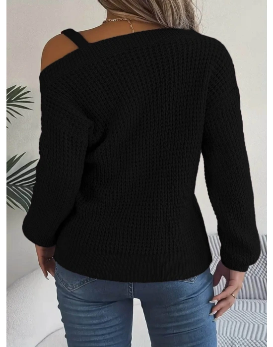 Kadın Uzun Kollu Tek Omuzu Açık Tokalı Triko Bluz