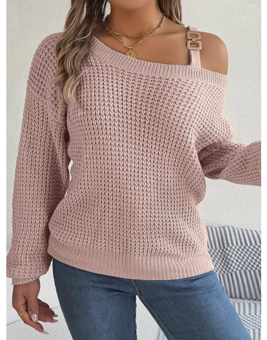 Kadın Uzun Kollu Tek Omuzu Açık Tokalı Triko Bluz