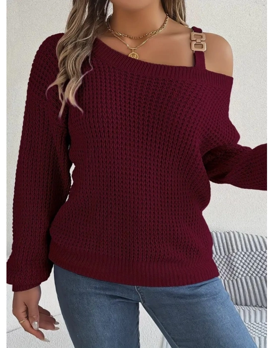 Kadın Uzun Kollu Tek Omuzu Açık Tokalı Triko Bluz