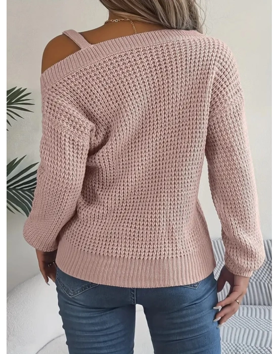 Kadın Uzun Kollu Tek Omuzu Açık Tokalı Triko Bluz