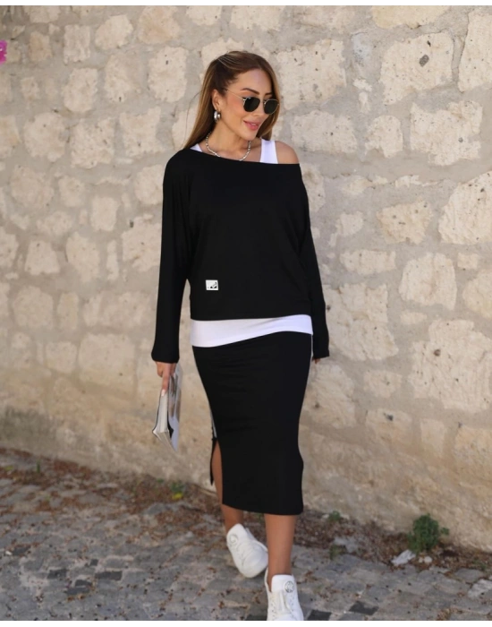 Kadın Uzun Kollu Tek Omuzu Açık Viskon Bluz Içi Atletli Ve Yandan şeritli üçlü Viskon Ikili Takım