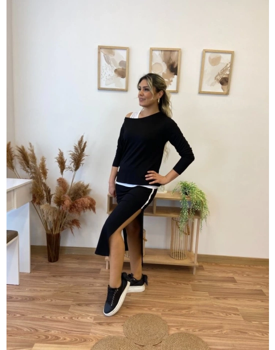 Kadın Uzun Kollu Tek Omuzu Açık Viskon Bluz Içi Atletli Ve Yandan şeritli üçlü Viskon Ikili Takım