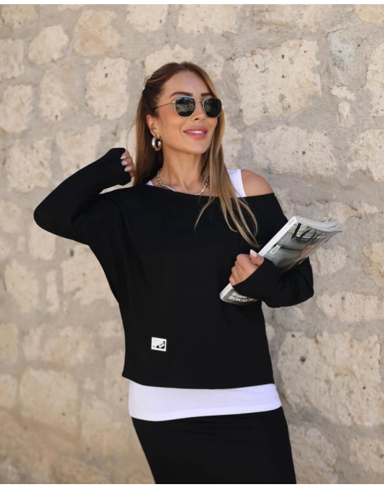 Kadın Uzun Kollu Tek Omuzu Açık Viskon Bluz Içi Atletli Ve Yandan şeritli üçlü Viskon Ikili Takım