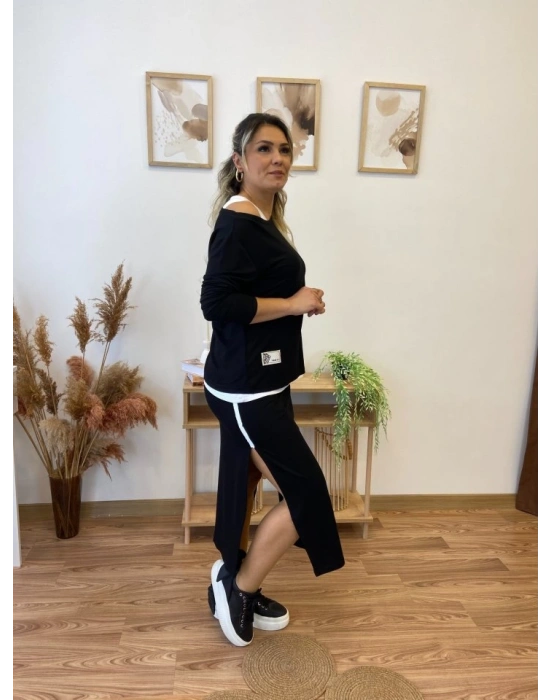 Kadın Uzun Kollu Tek Omuzu Açık Viskon Bluz Içi Atletli Ve Yandan şeritli üçlü Viskon Ikili Takım