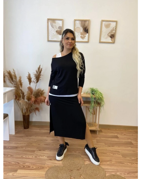 Kadın Uzun Kollu Tek Omuzu Açık Viskon Bluz Içi Atletli Ve Yandan şeritli üçlü Viskon Ikili Takım