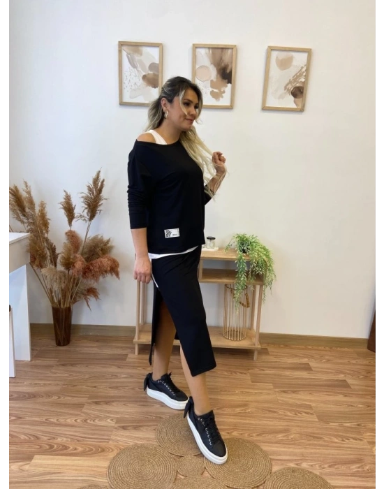 Kadın Uzun Kollu Tek Omuzu Açık Viskon Bluz Içi Atletli Ve Yandan şeritli üçlü Viskon Ikili Takım