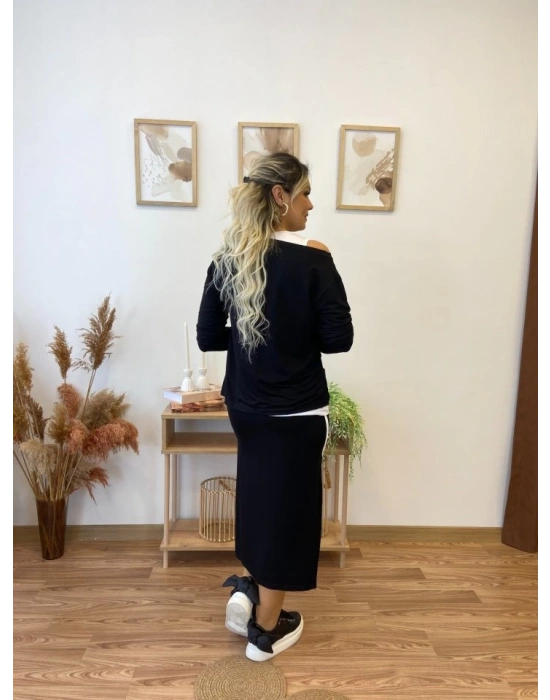 Kadın Uzun Kollu Tek Omuzu Açık Viskon Bluz Içi Atletli Ve Yandan şeritli üçlü Viskon Ikili Takım