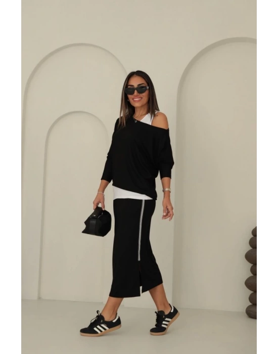 Kadın Uzun Kollu Tek Omuzu Açık Viskon Bluz Içi Atletli Ve Yandan şeritli üçlü Viskon Ikili Takım