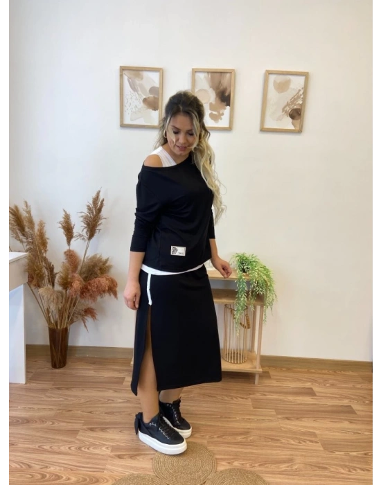 Kadın Uzun Kollu Tek Omuzu Açık Viskon Bluz Içi Atletli Ve Yandan şeritli üçlü Viskon Ikili Takım