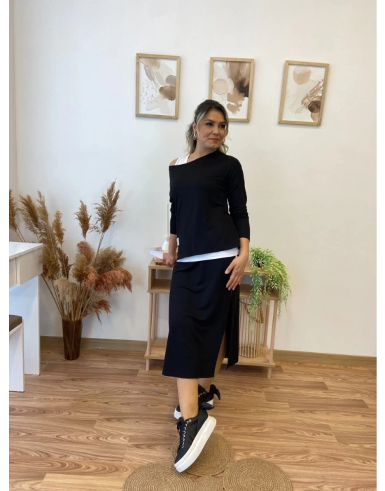 Kadın Uzun Kollu Tek Omuzu Açık Viskon Bluz Içi Atletli Ve Yandan şeritli üçlü Viskon Ikili Takım