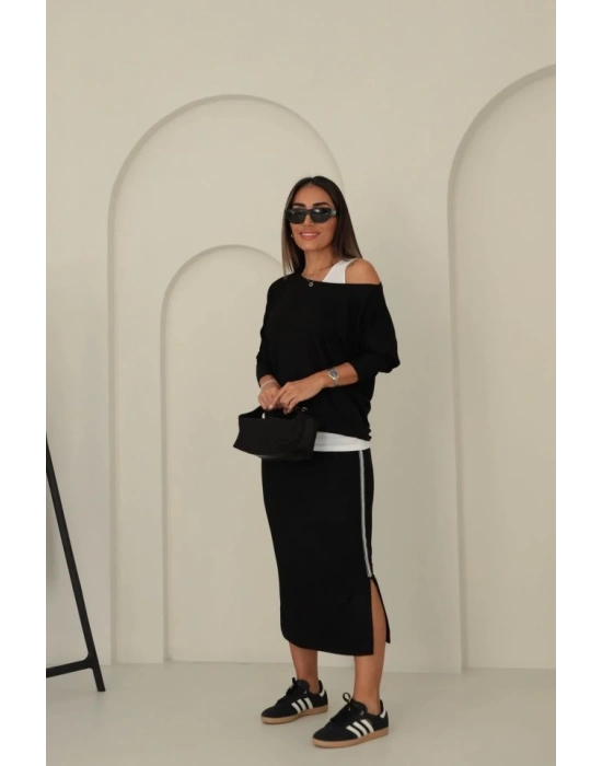 Kadın Uzun Kollu Tek Omuzu Açık Viskon Bluz Içi Atletli Ve Yandan şeritli üçlü Viskon Ikili Takım