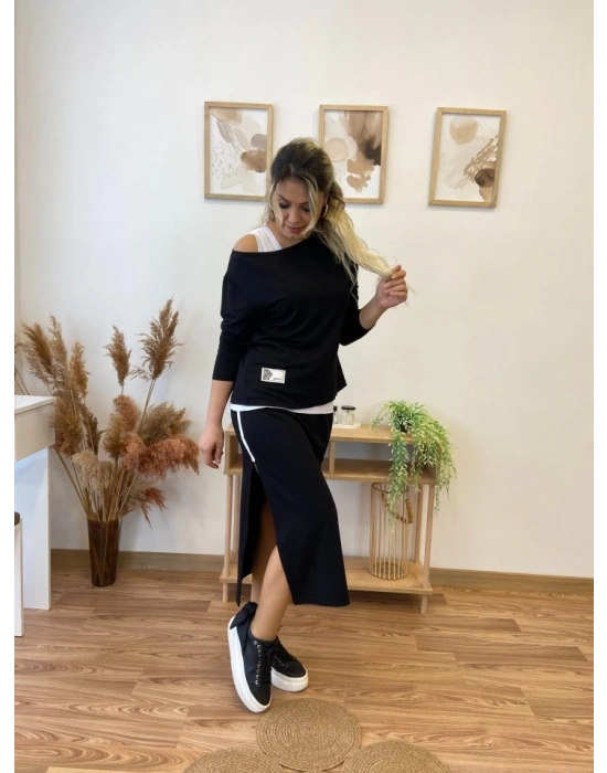 Kadın Uzun Kollu Tek Omuzu Açık Viskon Bluz Içi Atletli Ve Yandan şeritli üçlü Viskon Ikili Takım