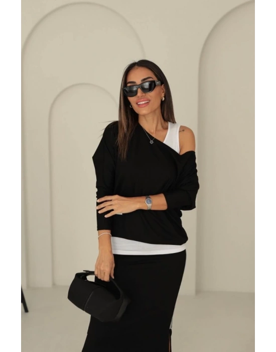 Kadın Uzun Kollu Tek Omuzu Açık Viskon Bluz Içi Atletli Ve Yandan şeritli üçlü Viskon Ikili Takım