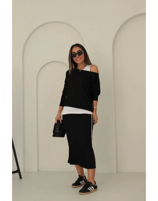 Kadın Uzun Kollu Tek Omuzu Açık Viskon Bluz Içi Atletli Ve Yandan şeritli üçlü Viskon Ikili Takım