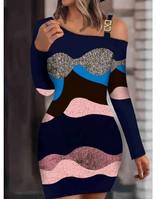 Kadın Uzun Kollu Tek Omuzu Askı Toka Detaylı Kısa Dalgıç Elbise