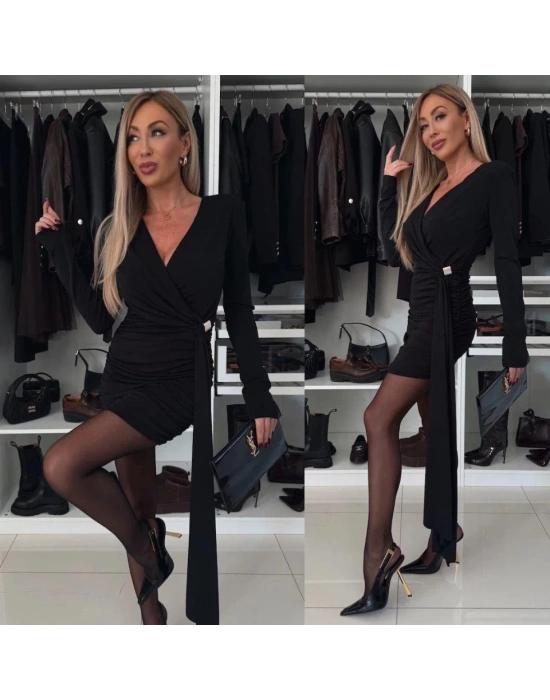 Kadın Uzun Kollu Toka Ve Büzgü Detay Mini Elbise